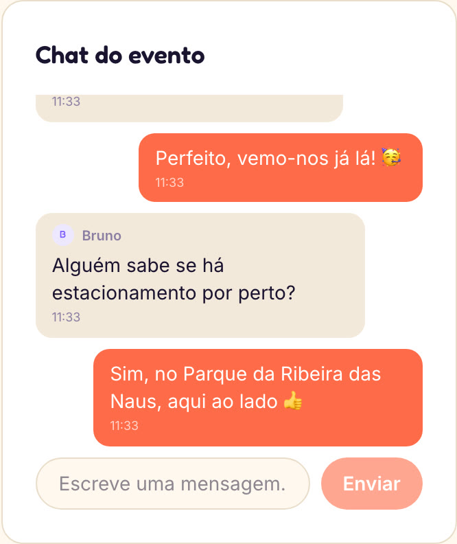 Chat de um evento LetsThere com mensagens combinando os detalhes do rolê