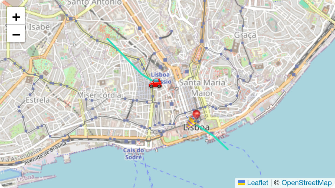 Mapa em tempo real de um evento LetsThere, com dois convidados a caminho e o trajeto desenhado
