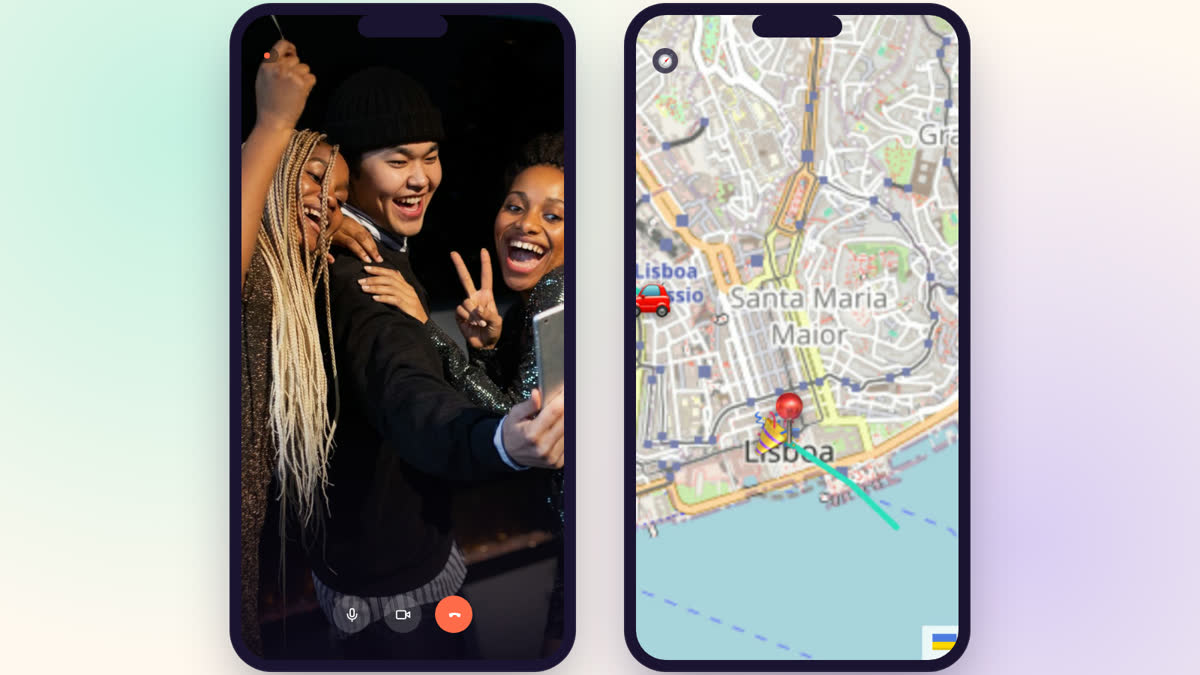 Dois telemóveis lado a lado: um com um grupo de amigos numa chamada de vídeo, outro com o mapa e o trajeto de um convidado a caminho